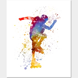 Man roller skater inline in watercolor Posters and Art